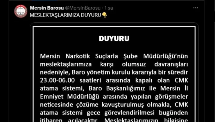 Mersin Barosu, CMK atama sistemini yeniden açtığını duyurdu