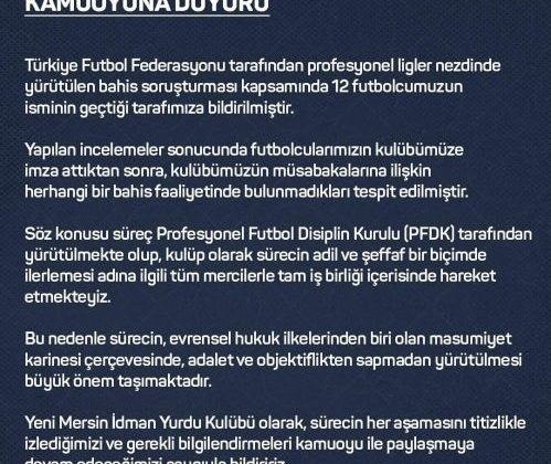TFF’nin bahis soruşturmasında Yeni Mersin İdman Yurdu: Resmî açıklama geldi