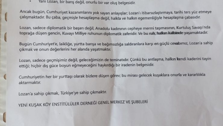 yeni kuşak köy enstitüleri derneği  Lozan antlaşmasının102 yılı  anma  açıklaması