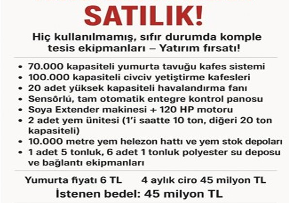 satılık tavuk fabrikası malzemeleri ilanı